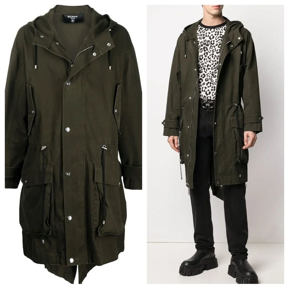 Balmain Logo Zip Button Unlined Cotton Military Jacket in Green Parka